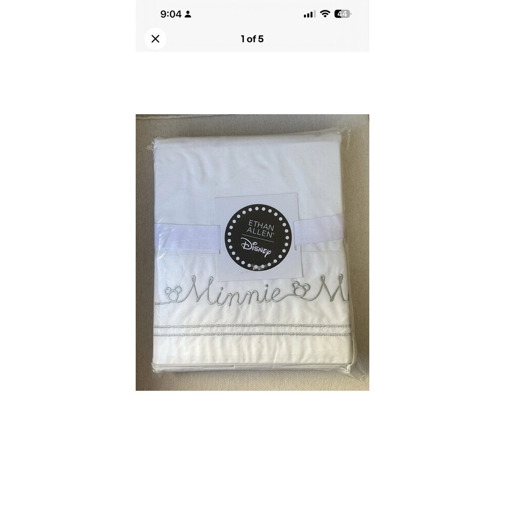 Ethan Allen Minnie Mouse Twin Sheet Set Retired White/Silver Embroidered NEW